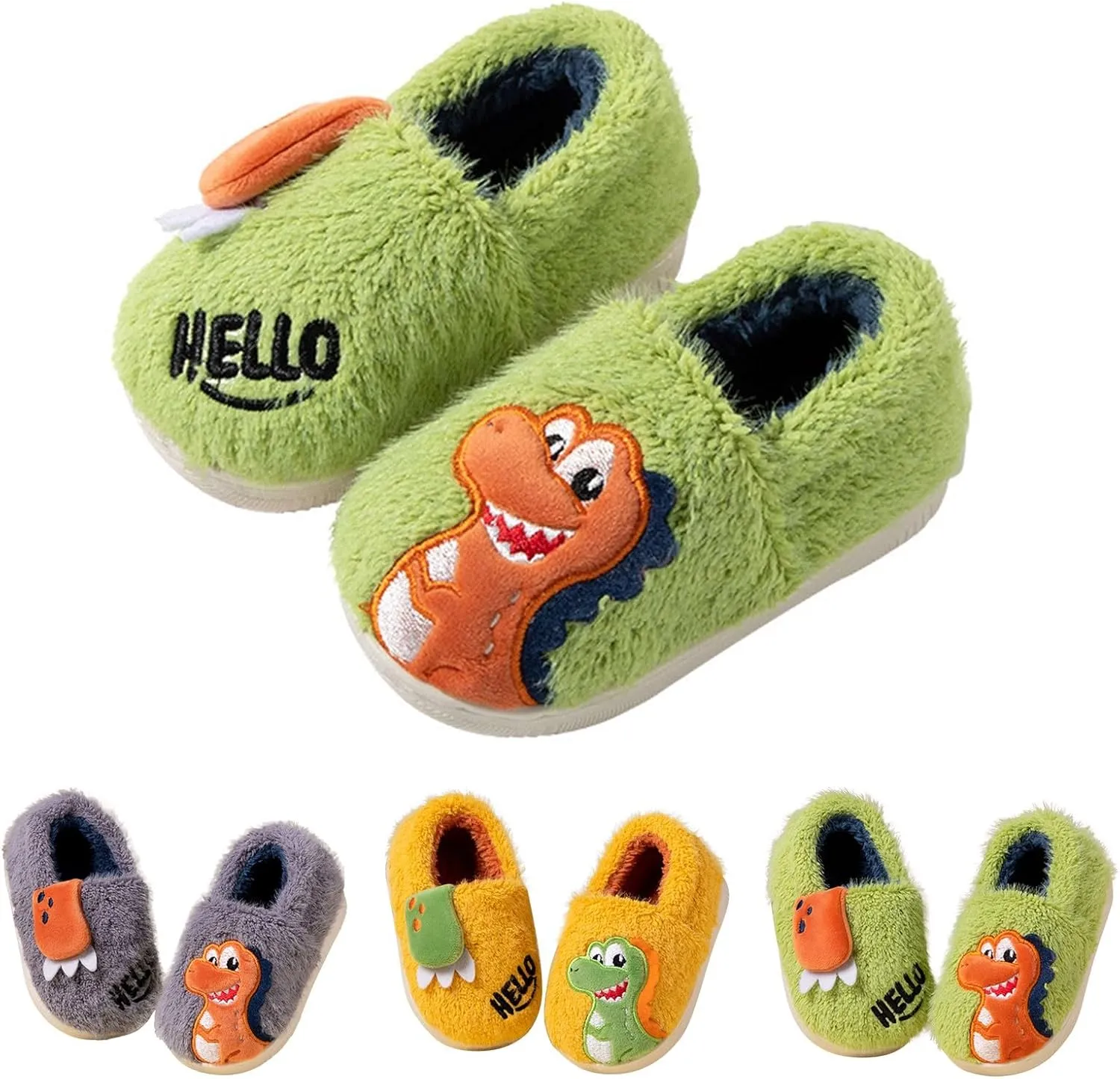 1-7 Years Plush Warm Slippers for Girls Boys Kids Toddler Cute Dinosaur Fur Lined Slip-on House Home Slipper Shoes
