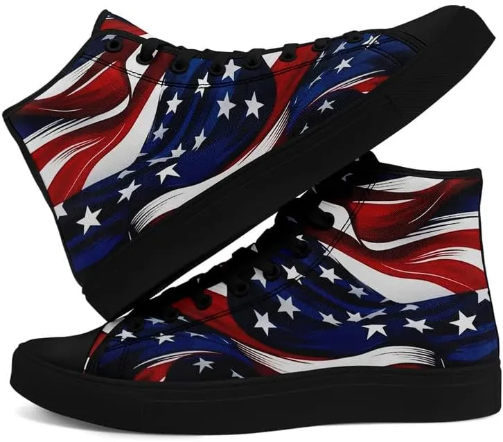 American Flag High Top Canvas Shoes, USA Flag Fashion Sneakers Lightweight Lace-Up Casual Walking Shoes for Women & Men