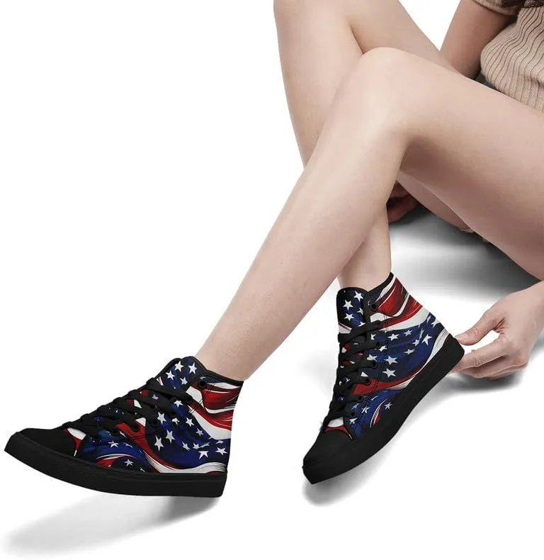 American Flag High Top Canvas Shoes, USA Flag Fashion Sneakers Lightweight Lace-Up Casual Walking Shoes for Women & Men