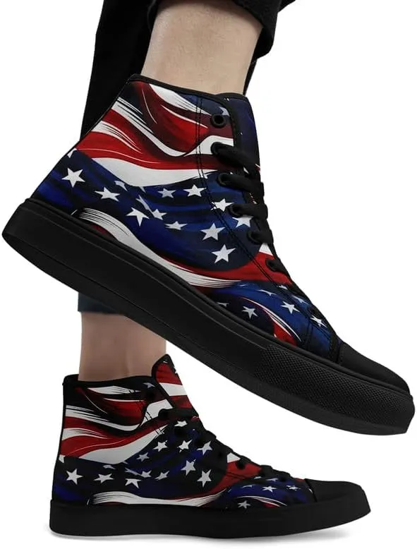 American Flag High Top Canvas Shoes, USA Flag Fashion Sneakers Lightweight Lace-Up Casual Walking Shoes for Women & Men