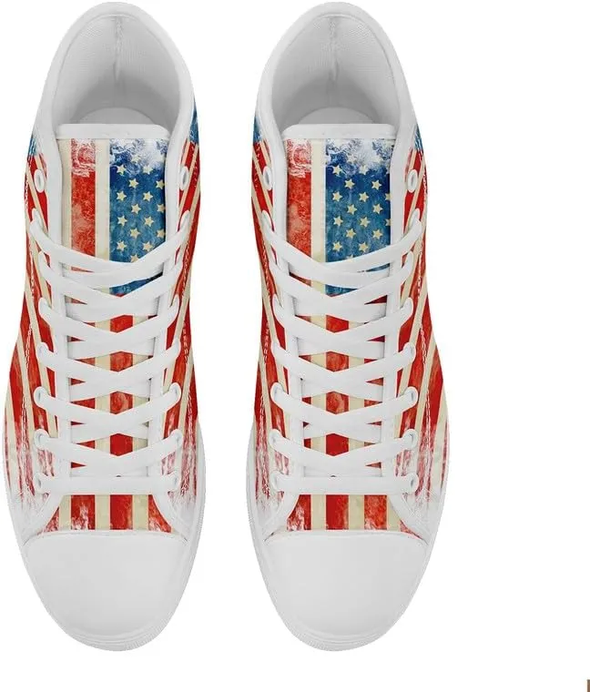 American Flag High Top Canvas Shoes, USA Flag Fashion Sneakers Lightweight Lace-Up Casual Walking Shoes for Women & Men