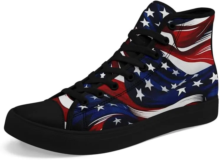 American Flag High Top Canvas Shoes, USA Flag Fashion Sneakers Lightweight Lace-Up Casual Walking Shoes for Women & Men