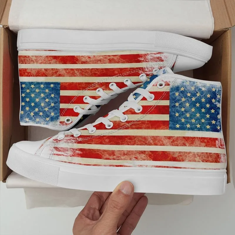 American Flag High Top Canvas Shoes, USA Flag Fashion Sneakers Lightweight Lace-Up Casual Walking Shoes for Women & Men
