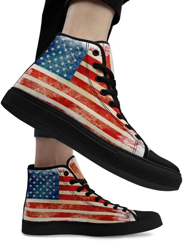 American Flag High Top Canvas Shoes, USA Flag Fashion Sneakers Lightweight Lace-Up Casual Walking Shoes for Women & Men