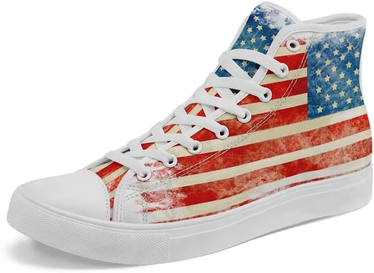American Flag High Top Canvas Shoes, USA Flag Fashion Sneakers Lightweight Lace-Up Casual Walking Shoes for Women & Men