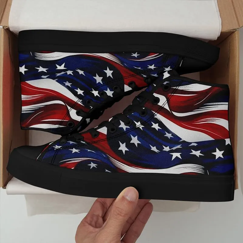 American Flag High Top Canvas Shoes, USA Flag Fashion Sneakers Lightweight Lace-Up Casual Walking Shoes for Women & Men