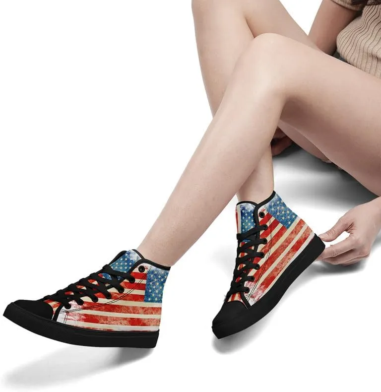 American Flag High Top Canvas Shoes, USA Flag Fashion Sneakers Lightweight Lace-Up Casual Walking Shoes for Women & Men