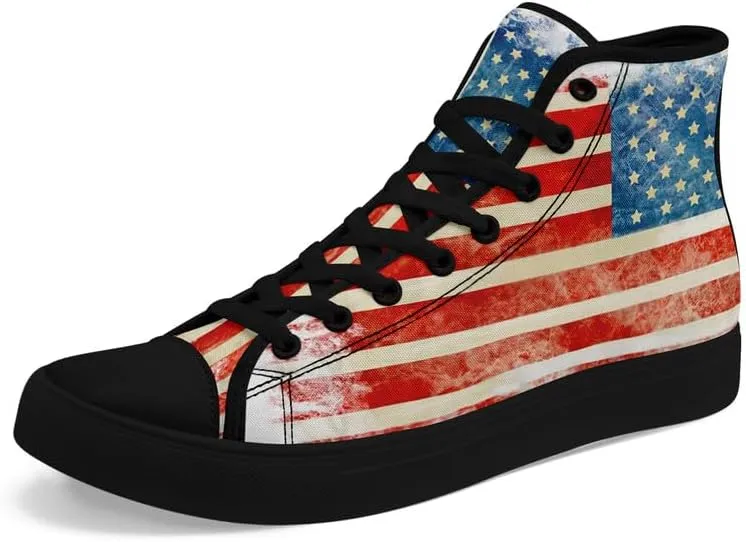 American Flag High Top Canvas Shoes, USA Flag Fashion Sneakers Lightweight Lace-Up Casual Walking Shoes for Women & Men