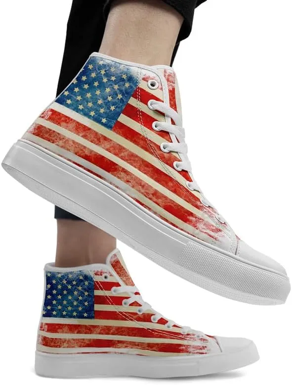 American Flag High Top Canvas Shoes, USA Flag Fashion Sneakers Lightweight Lace-Up Casual Walking Shoes for Women & Men