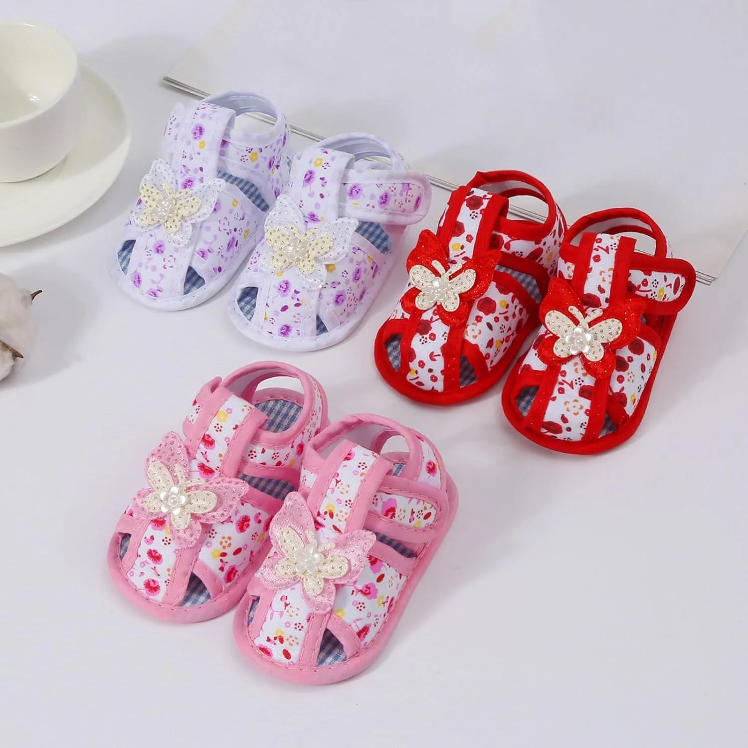 Baby Infant Girls Canvas Sandals Flower Cute Bow Lace Glitter Sandals Newborn Closed Strap Flat Wide Shoes Summer Basic