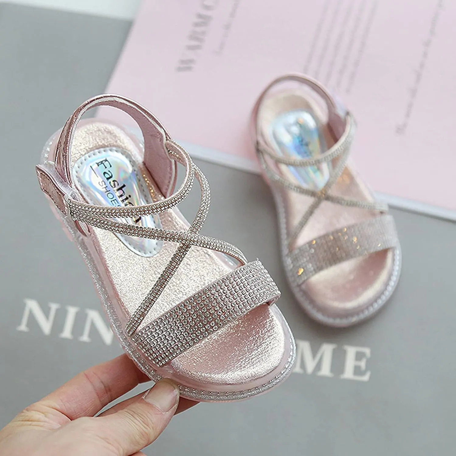 Baby Kids Pearl Sequins Sandals Open Toe Wide Summer Shoes Boys Girls Toddler Rubber Slip On Strap Loafers Comfy Trendy