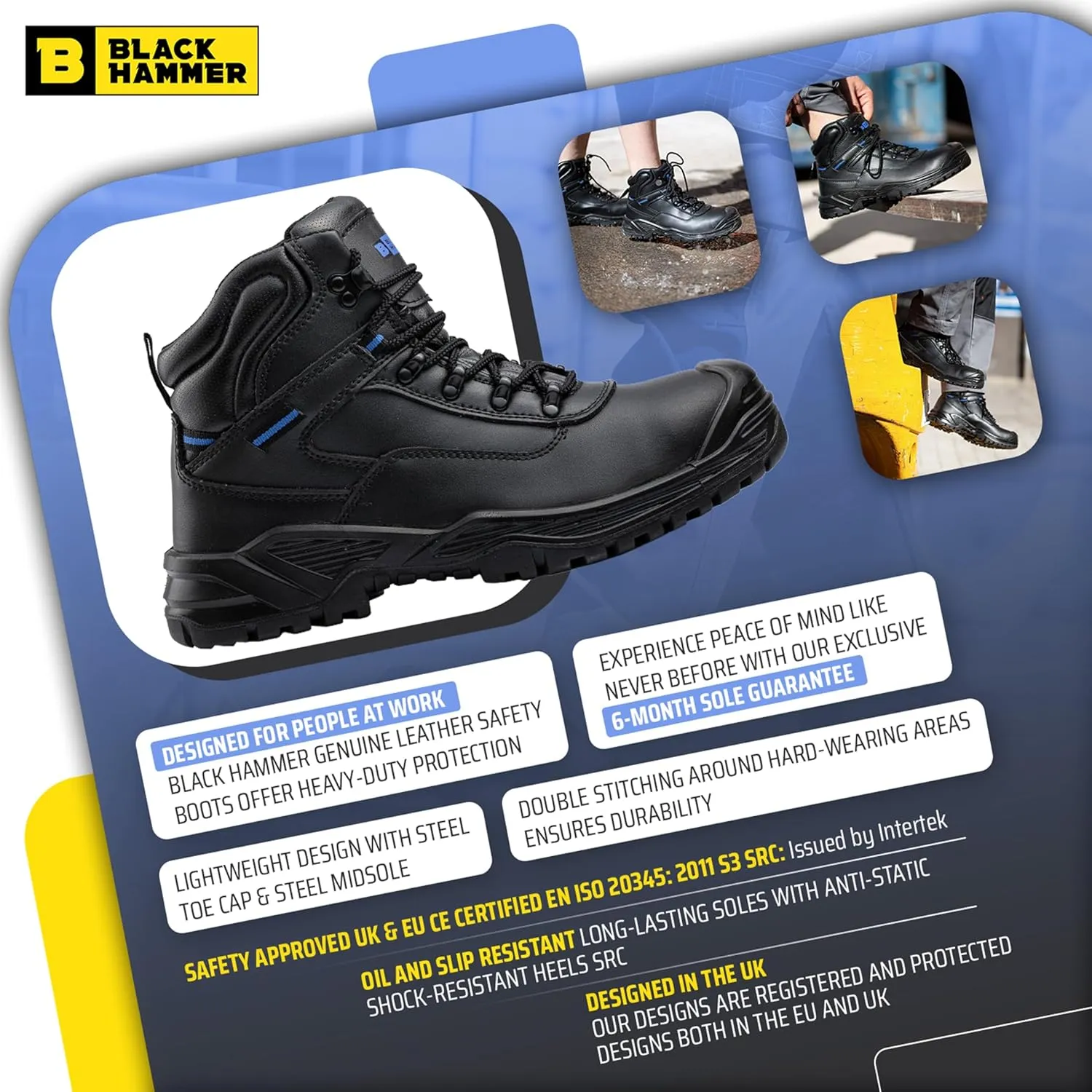Black Hammer Mens Work Boots Lightweight Steel Toe Safety Shoes with Non-Slip Outsoles, Comfort for Any Job 6600 Black