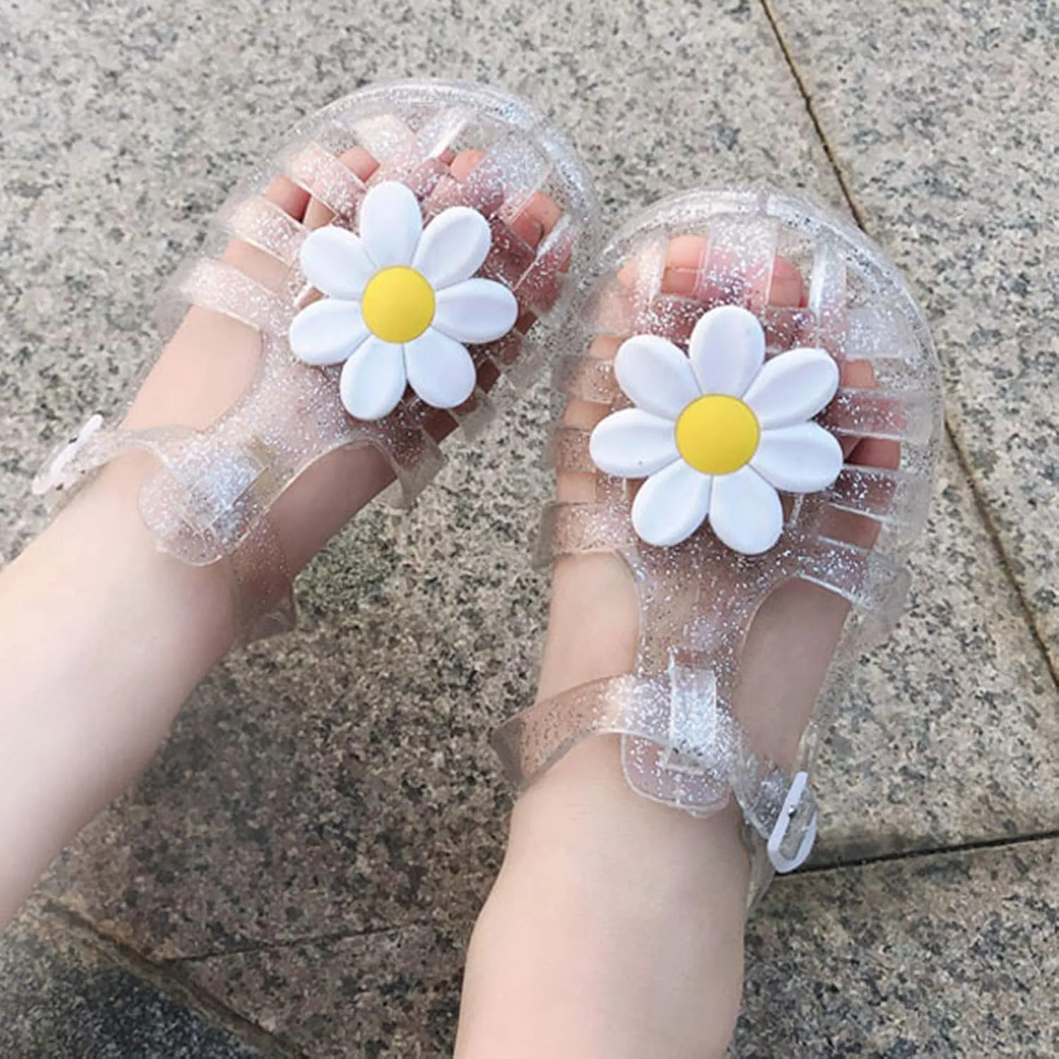 Girls Kids Jelly Soft Sandals Flower P??ep Toe Adjusted Strap Summer Water Shoes Baby Toddler Shower Funny Sandals