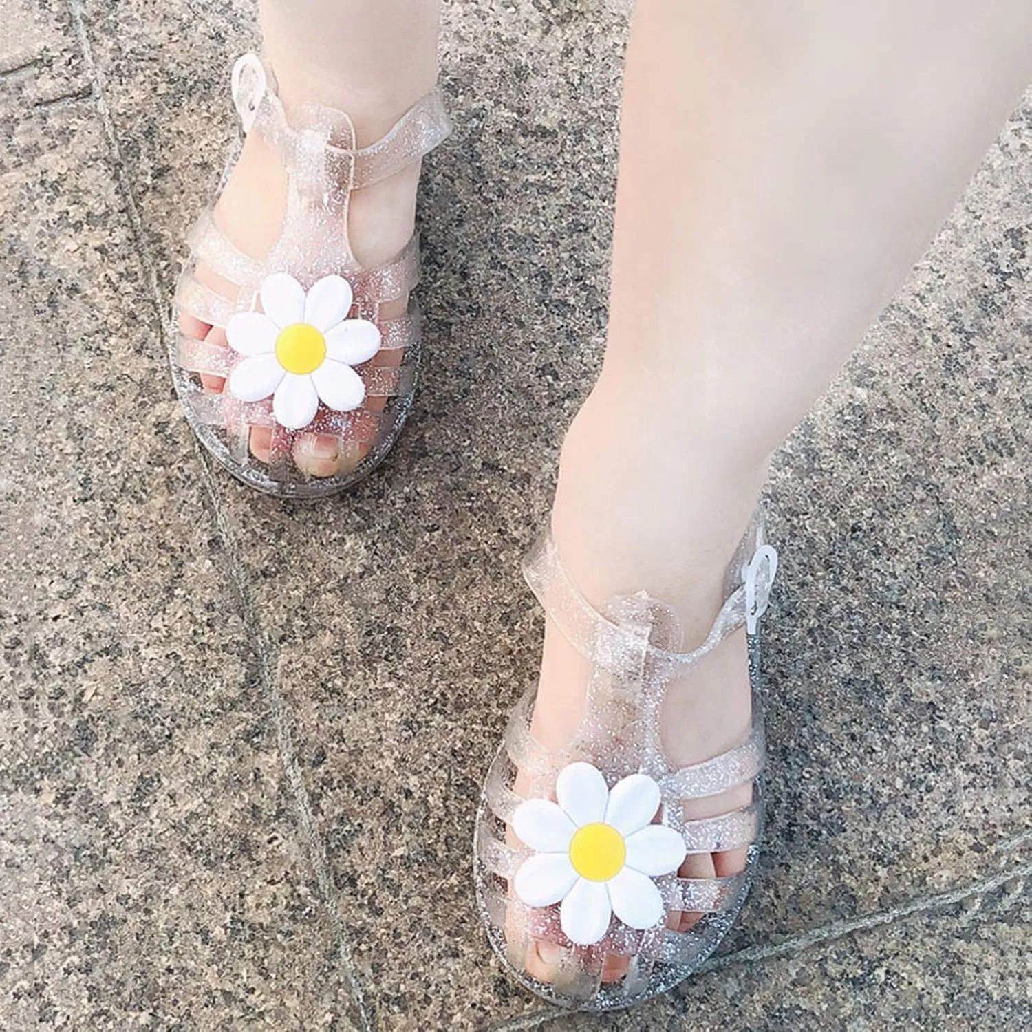 Girls Kids Jelly Soft Sandals Flower P??ep Toe Adjusted Strap Summer Water Shoes Baby Toddler Shower Funny Sandals