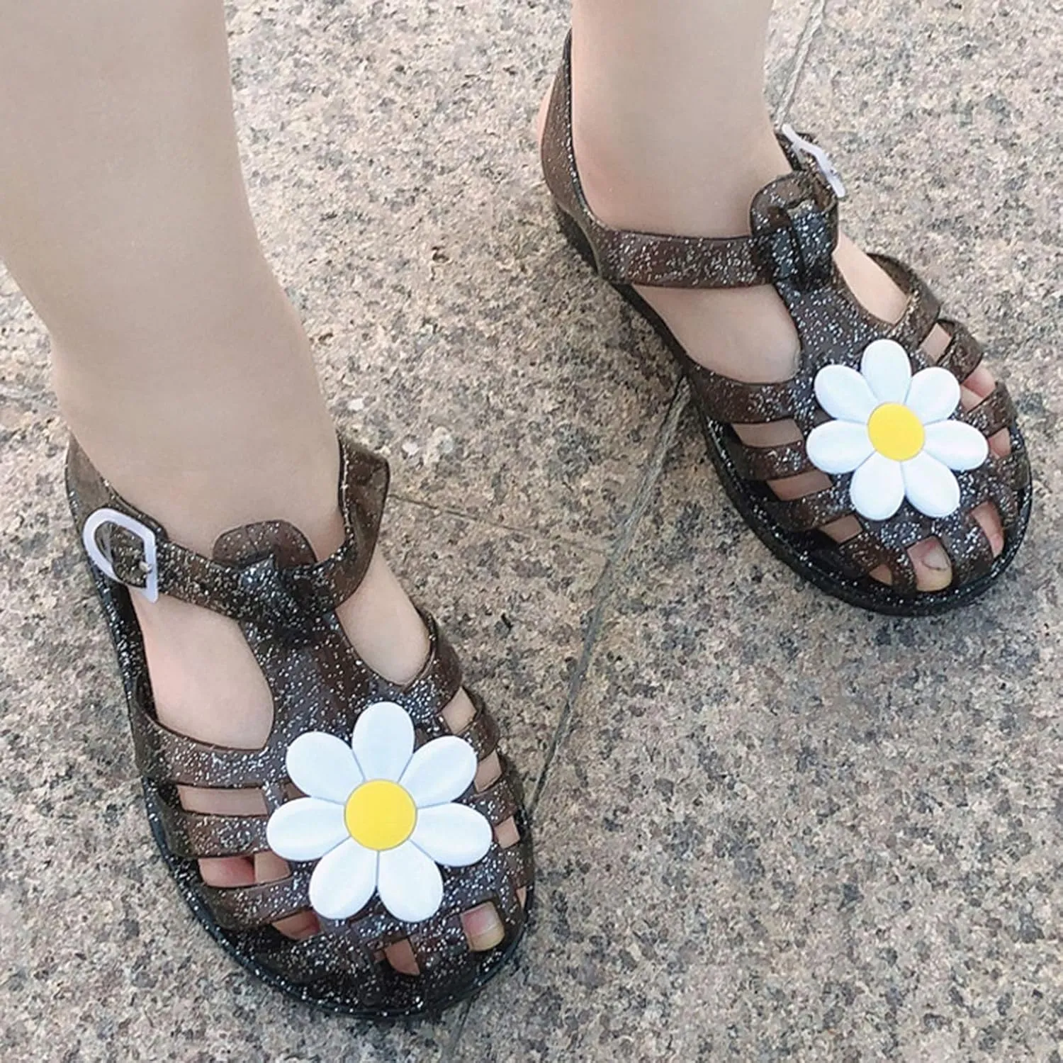 Girls Kids Jelly Soft Sandals Flower P??ep Toe Adjusted Strap Summer Water Shoes Baby Toddler Shower Funny Sandals