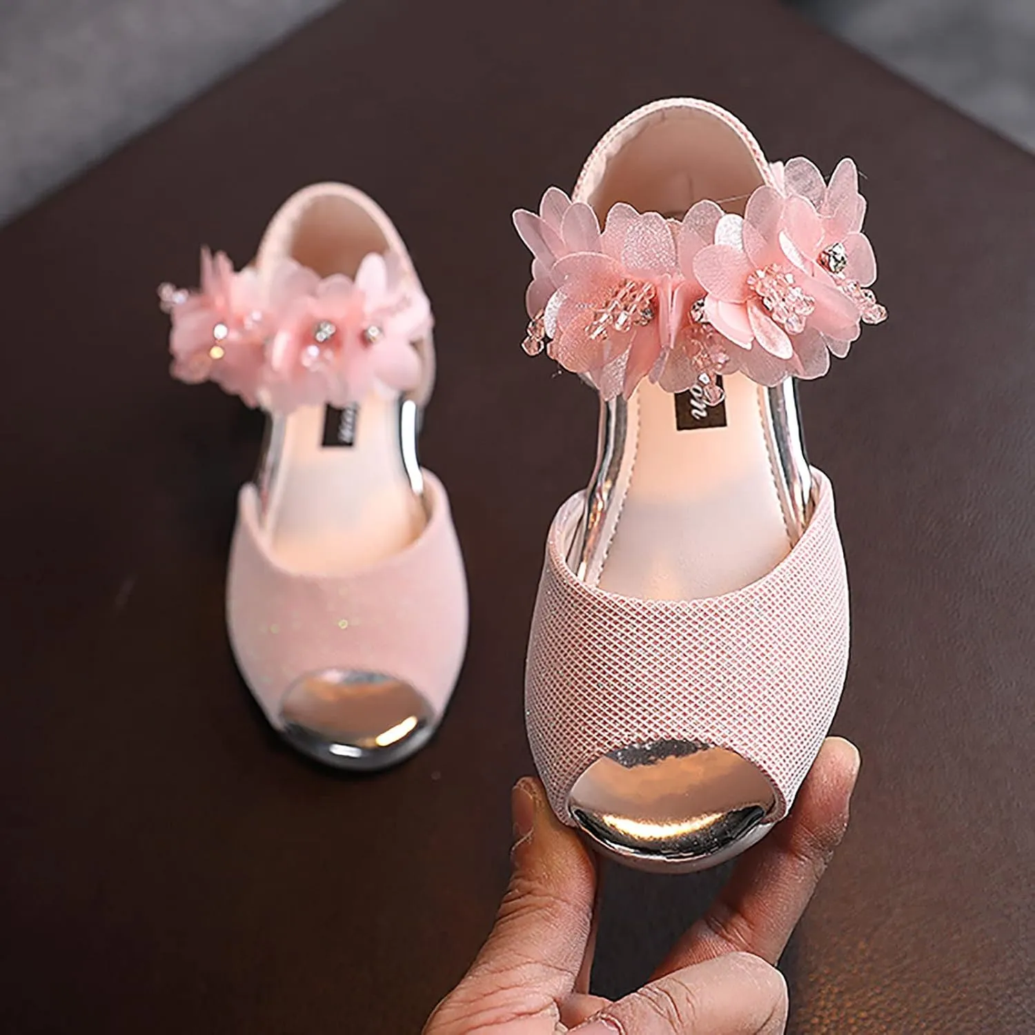 Girls Rhinestone Flower Shoes Low Heel Flower Wedding Party Dress Pump Shoes Princess Shoes Toddler Boys Girls Sandals (Pink, 3 Years Toddler)