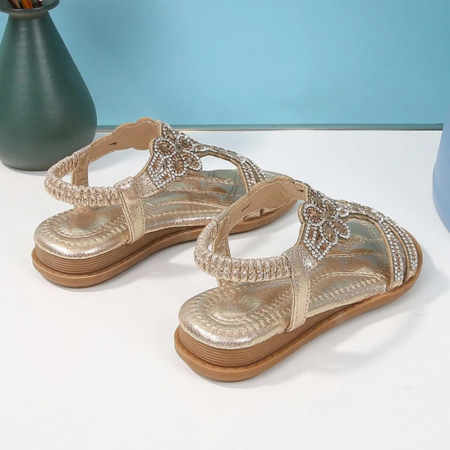 Girls Sandals Flower Rhinestone Glitter Bohemian T-Strap Flats Open Toe Sandals Kids Casual Summer Dress Shoes