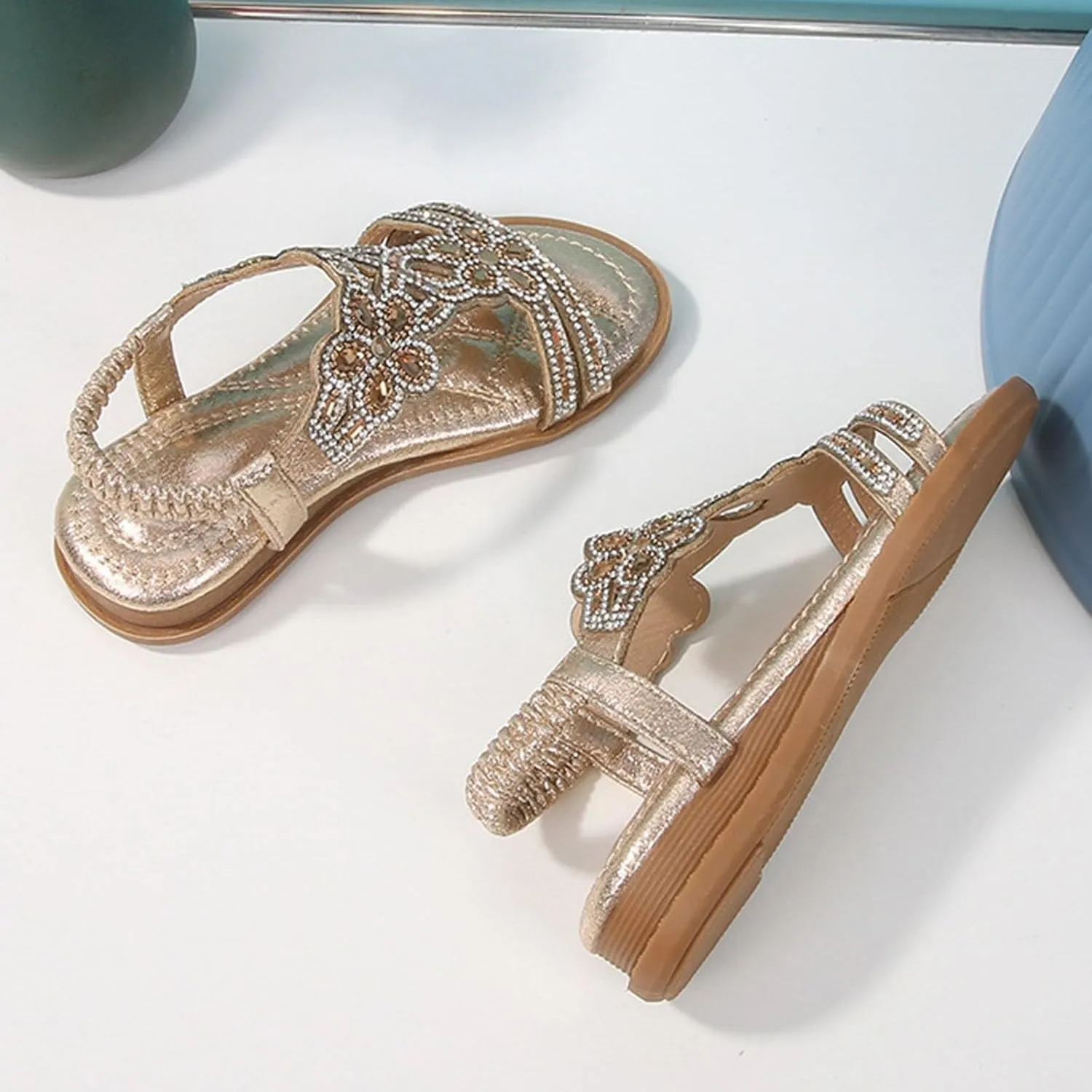 Girls Sandals Flower Rhinestone Glitter Bohemian T-Strap Flats Open Toe Sandals Kids Casual Summer Dress Shoes