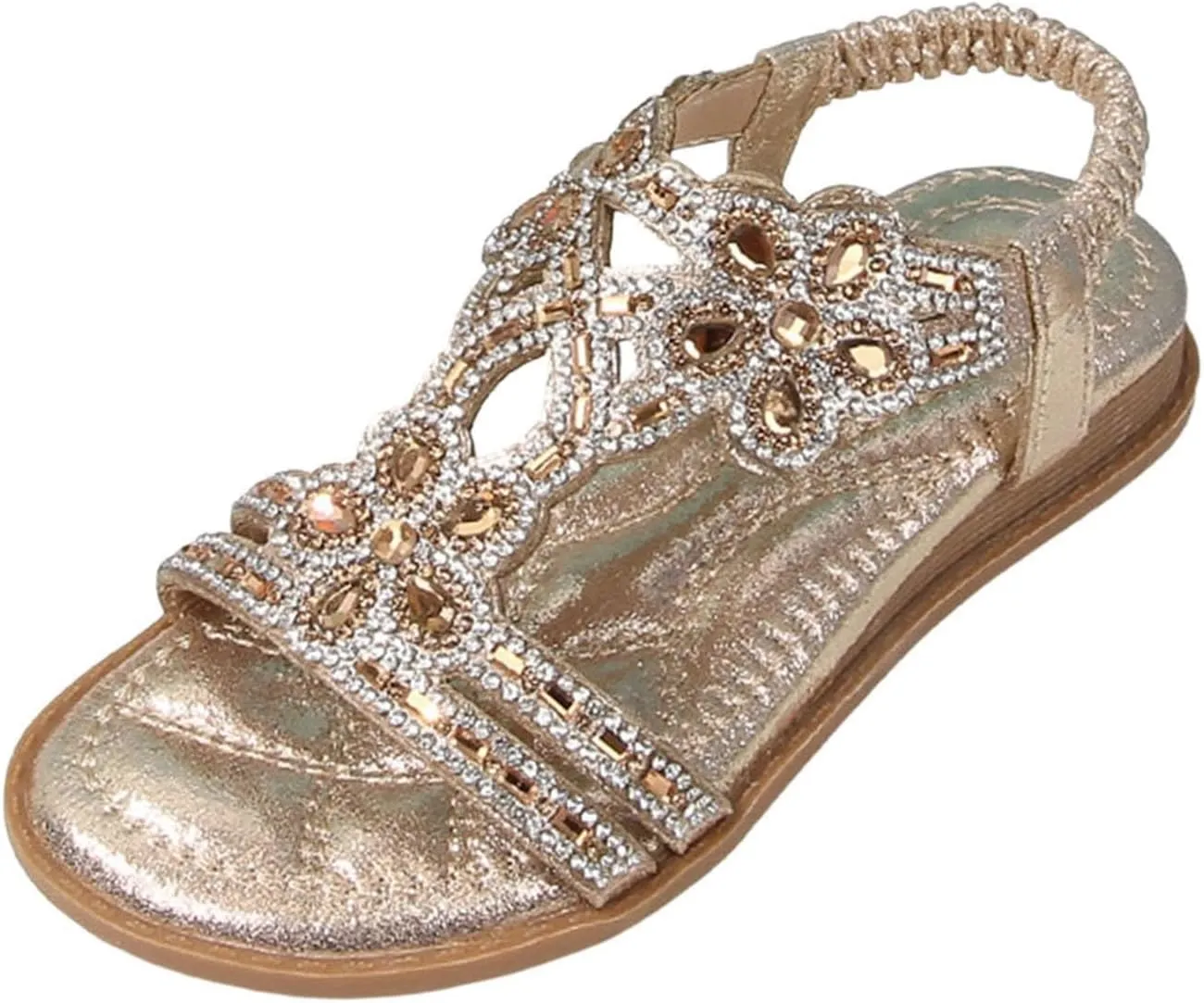 Girls Sandals Flower Rhinestone Glitter Bohemian T-Strap Flats Open Toe Sandals Kids Casual Summer Dress Shoes