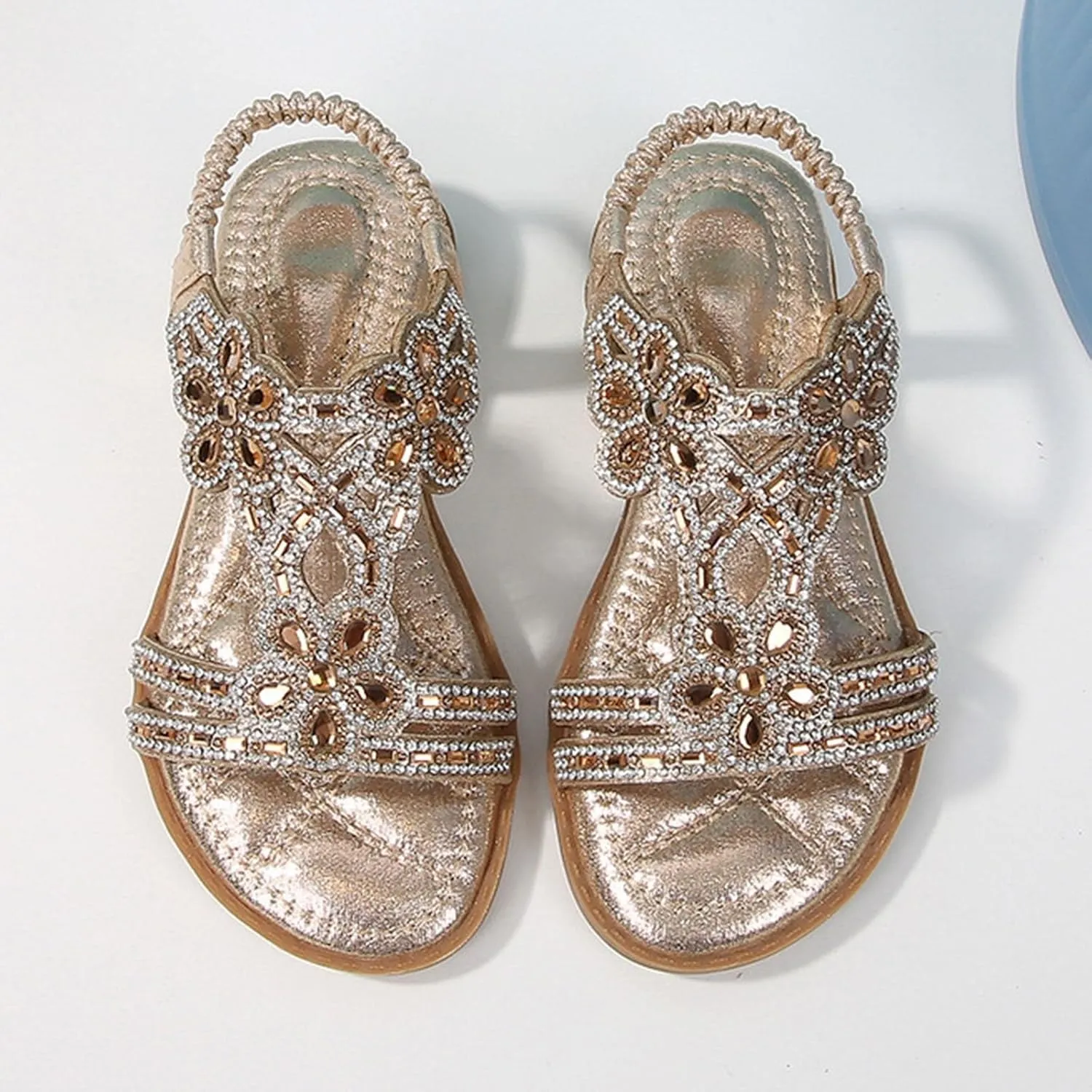 Girls Sandals Flower Rhinestone Glitter Bohemian T-Strap Flats Open Toe Sandals Kids Casual Summer Dress Shoes