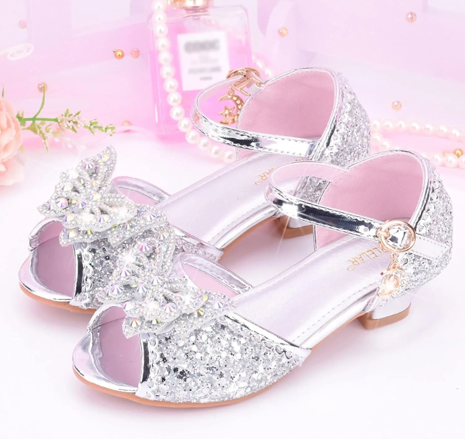 Girls Slides Children Shoes With Diamond Shiny Sandals Princess Shoes Bow High Heels Show Hiking Sandals Kids