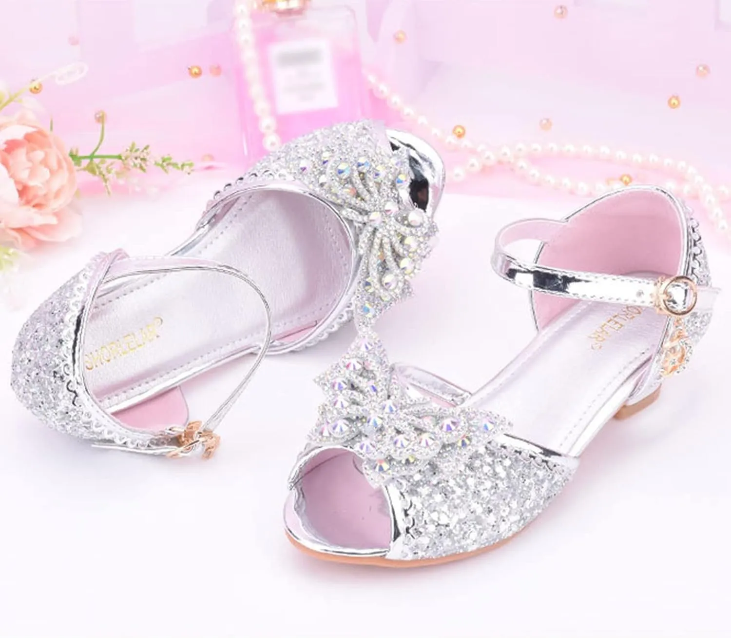 Girls Slides Children Shoes With Diamond Shiny Sandals Princess Shoes Bow High Heels Show Hiking Sandals Kids