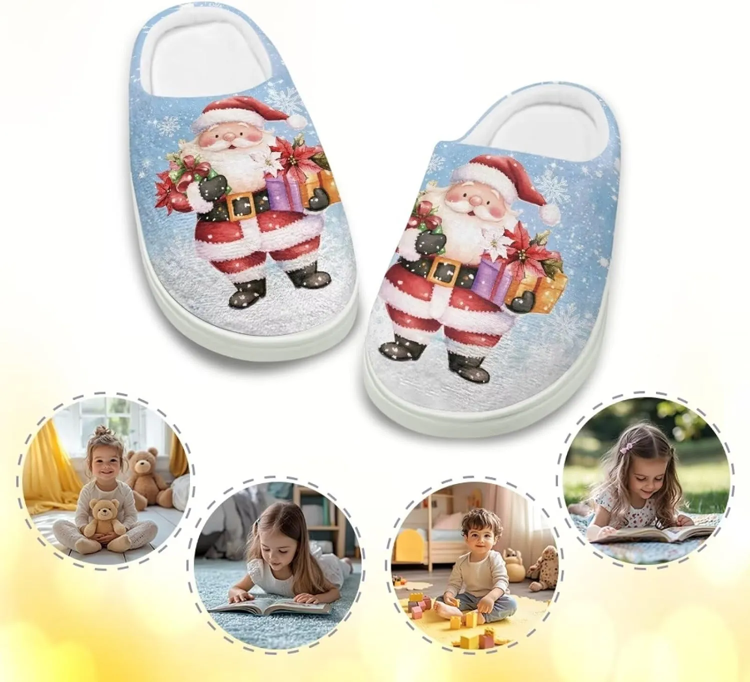 House Slippers for Kids Girls Fuzzy Christmas House Slippers Winter House Shoes-White