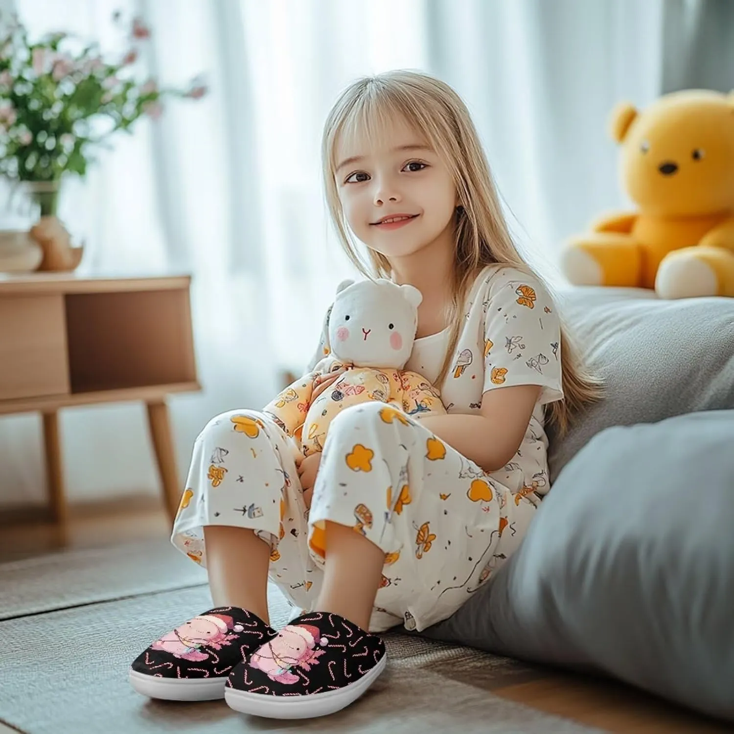 House Slippers for Kids Girls Fuzzy Christmas House Slippers Winter House Shoes-White