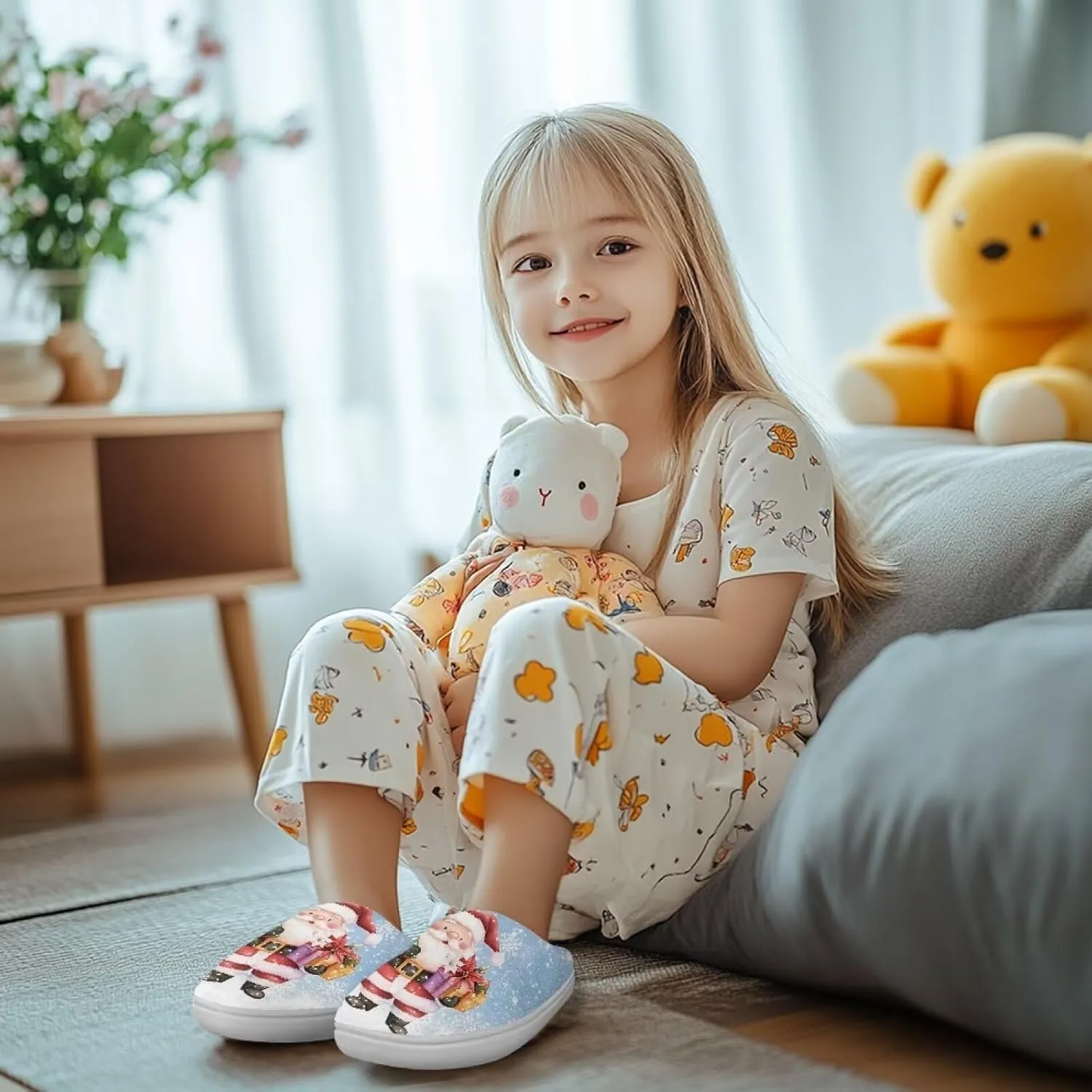 House Slippers for Kids Girls Fuzzy Christmas House Slippers Winter House Shoes-White