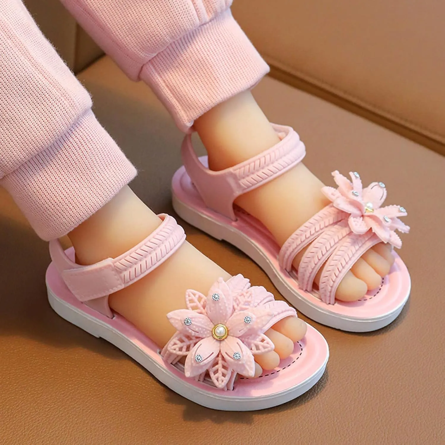 ??ink Flower Princess Sandals For Girls Open Toe Wide Dress Shoes With Strap Girls Kids Summer Casual Beach Pool Loafers