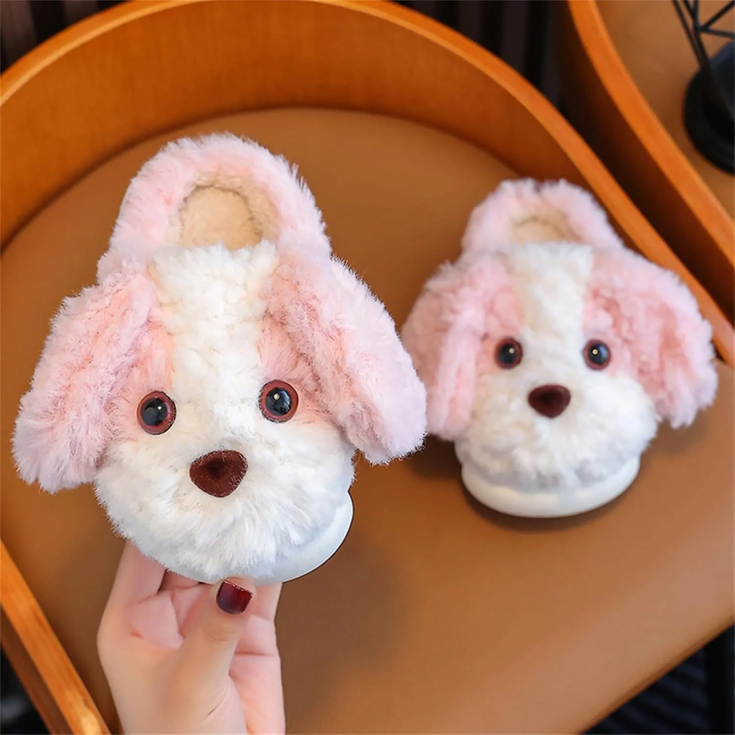 Kids Puppy Slippers Boys Girls Plush Non-Slip House Slippers Cute Cartoon Soft Wool Slip-On Shoes Indoor Wear