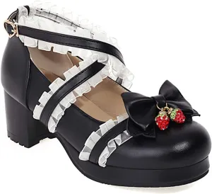 VOKLIN Women's Girls Lolita Mary Jane Shoes Sweet Bow Cross Ankle Strap Mid Heel Cosplay Oxford Dress Pumps