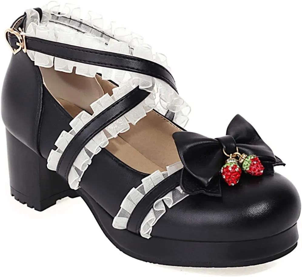 VOKLIN Women's Girls Lolita Mary Jane Shoes Sweet Bow Cross Ankle Strap Mid Heel Cosplay Oxford Dress Pumps