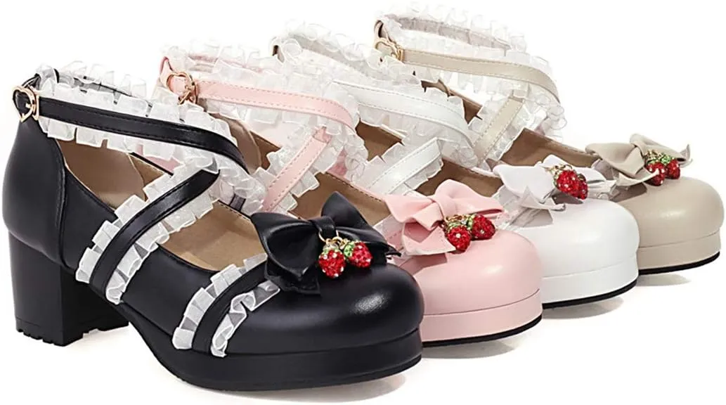 VOKLIN Women's Girls Lolita Mary Jane Shoes Sweet Bow Cross Ankle Strap Mid Heel Cosplay Oxford Dress Pumps