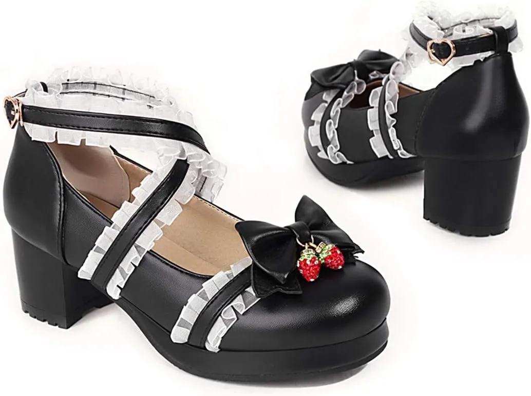VOKLIN Women's Girls Lolita Mary Jane Shoes Sweet Bow Cross Ankle Strap Mid Heel Cosplay Oxford Dress Pumps