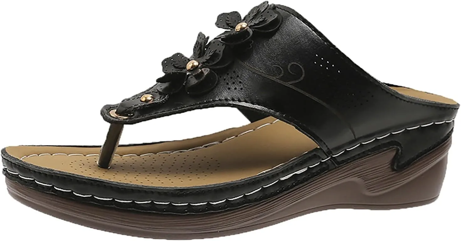 Wedge Sandals for Women Dressy Comfortable Double Flowers Orthopedic Walking Platform Wedges Shoes Dressy Summer Casual Beach Bohemian Flip Flops