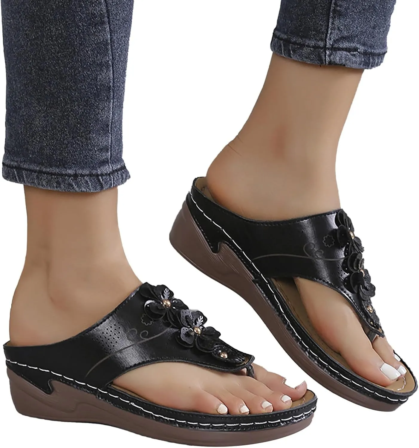 Wedge Sandals for Women Dressy Comfortable Double Flowers Orthopedic Walking Platform Wedges Shoes Dressy Summer Casual Beach Bohemian Flip Flops