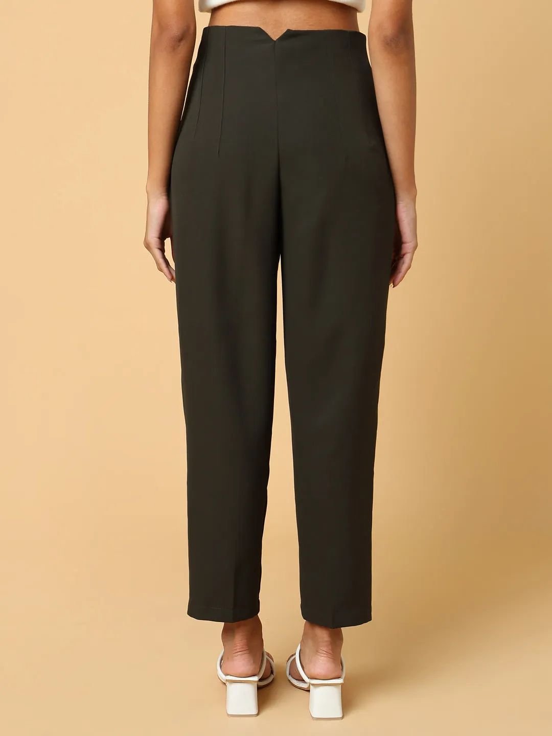 Women Olive Comfort Slim Fit Pleated Trousers