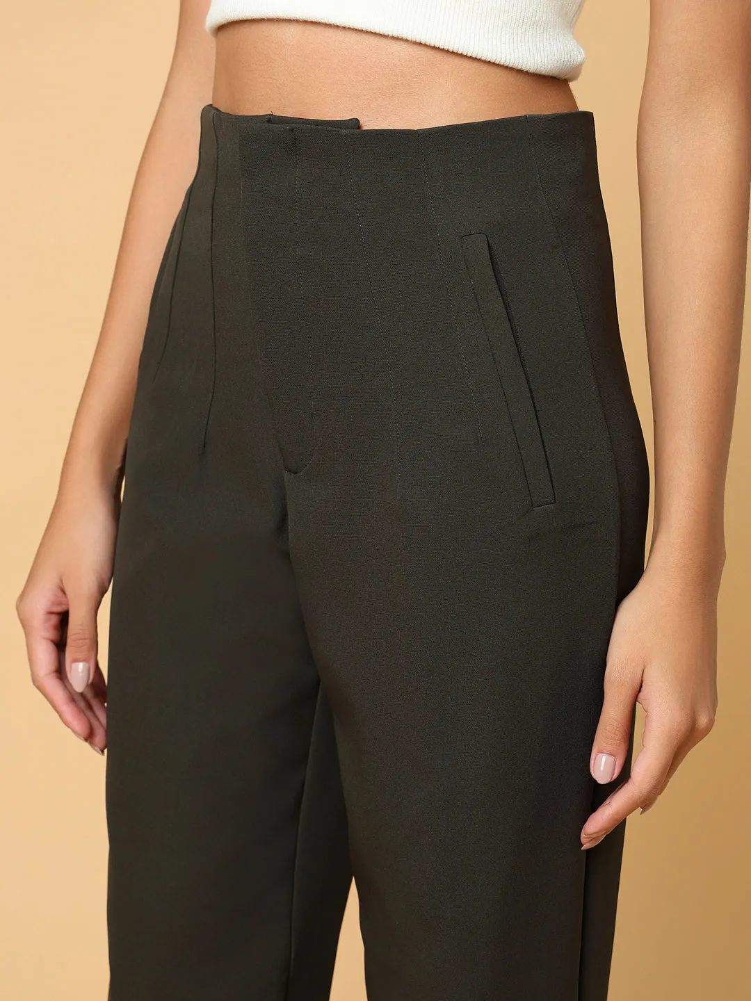 Women Olive Comfort Slim Fit Pleated Trousers