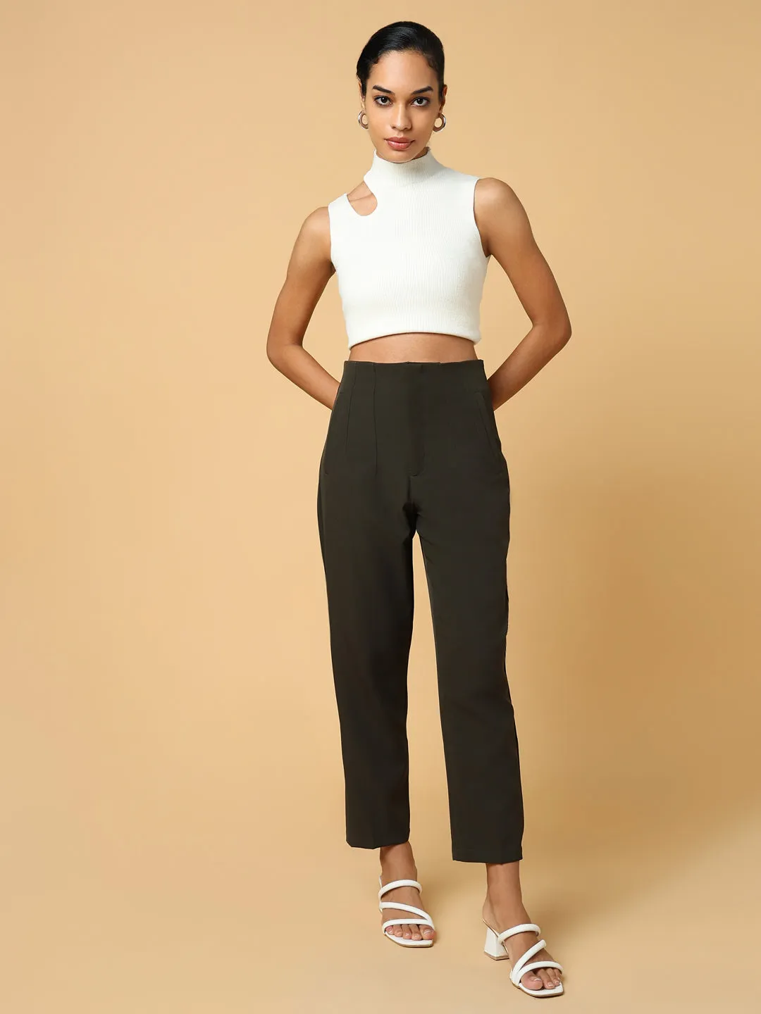 Women Olive Comfort Slim Fit Pleated Trousers