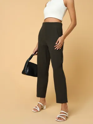 Women Olive Comfort Slim Fit Pleated Trousers