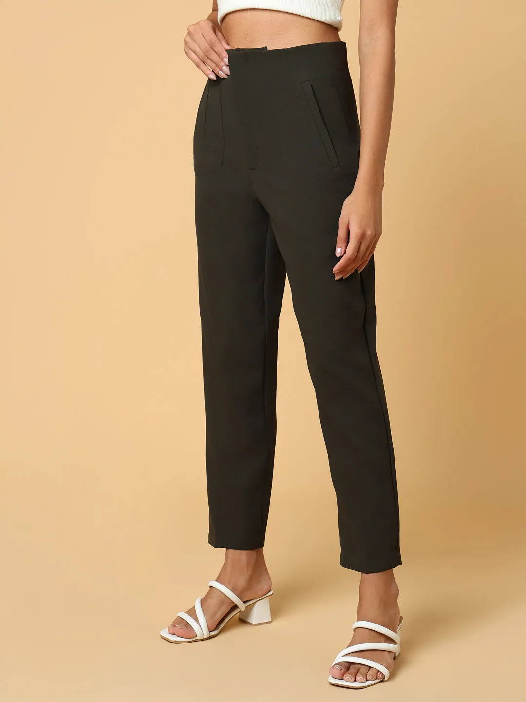 Women Olive Comfort Slim Fit Pleated Trousers