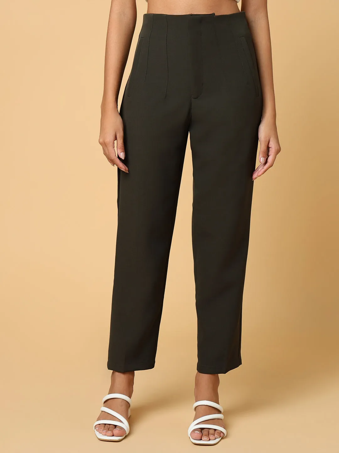 Women Olive Comfort Slim Fit Pleated Trousers