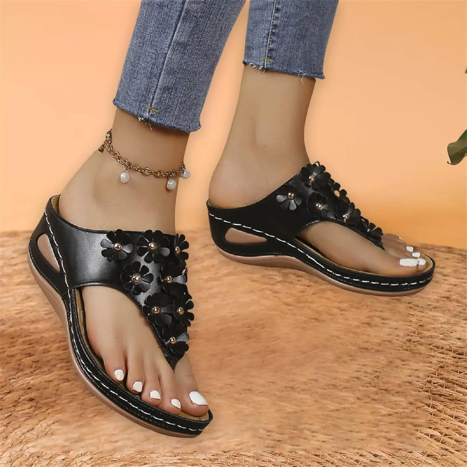 Womens Platform Wedge Flip Flops with Arch Support Flower Wide Width Orthopedic Sandals Retro Slip On Thong Sandals