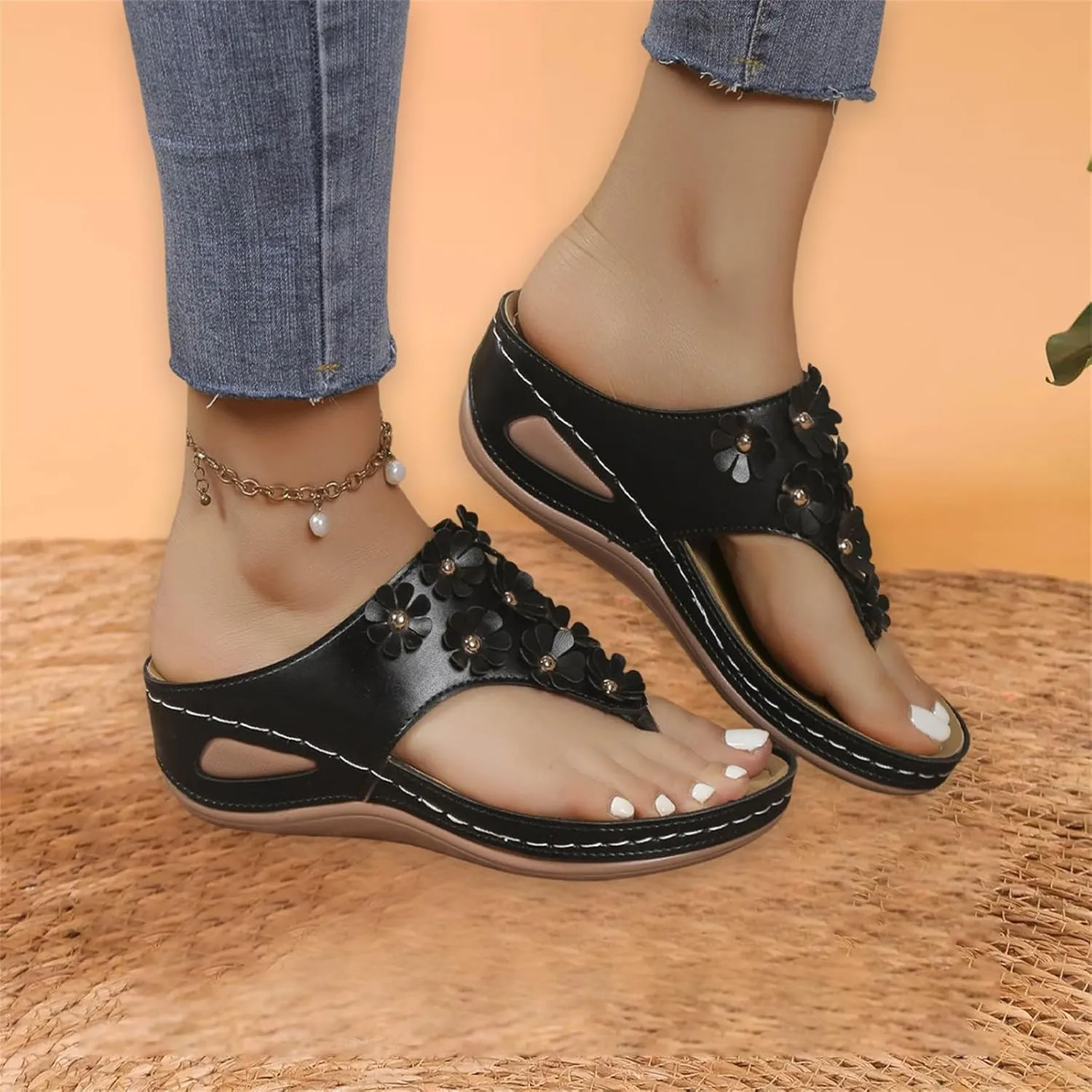 Womens Platform Wedge Flip Flops with Arch Support Flower Wide Width Orthopedic Sandals Retro Slip On Thong Sandals