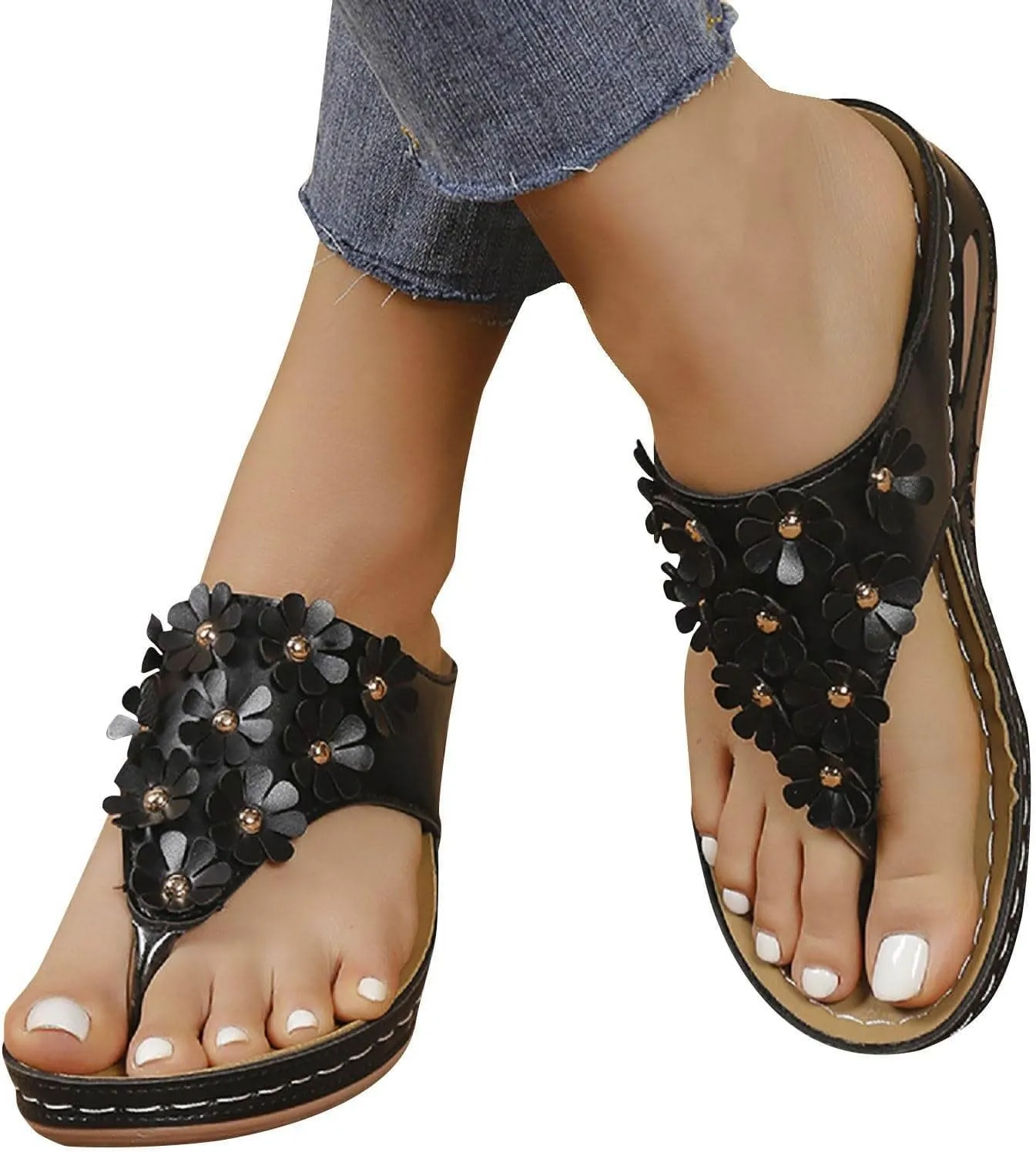 Womens Platform Wedge Flip Flops with Arch Support Flower Wide Width Orthopedic Sandals Retro Slip On Thong Sandals